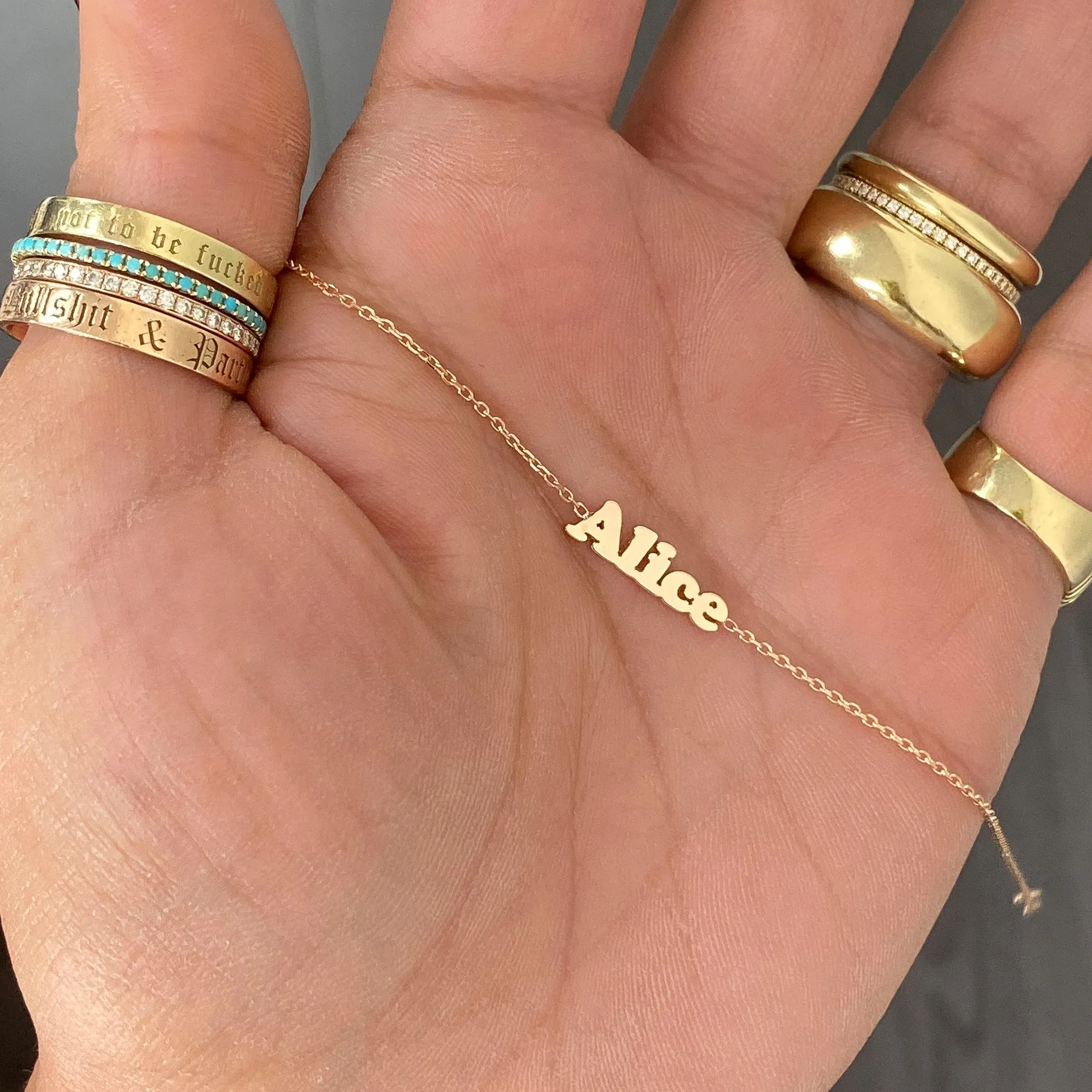 14K Gold Nameplate Charm Ankle Bracelet (Anklet) ~ Block Font