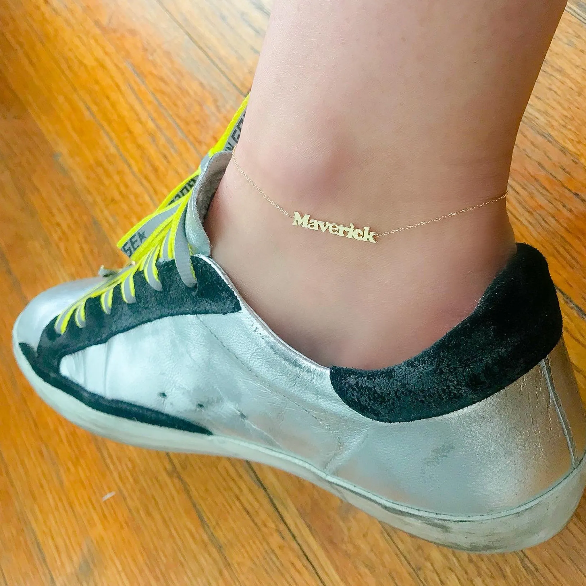 14K Gold Nameplate Charm Ankle Bracelet (Anklet) ~ Block Font