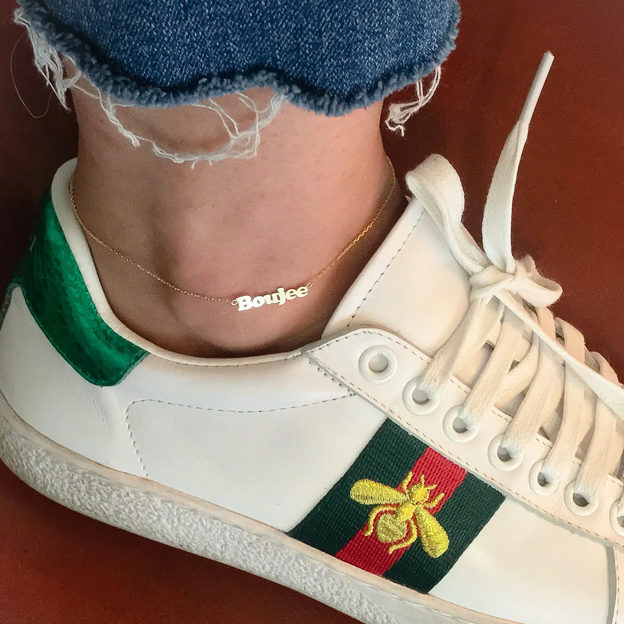 14K Gold Nameplate Charm Ankle Bracelet (Anklet) ~ Block Font