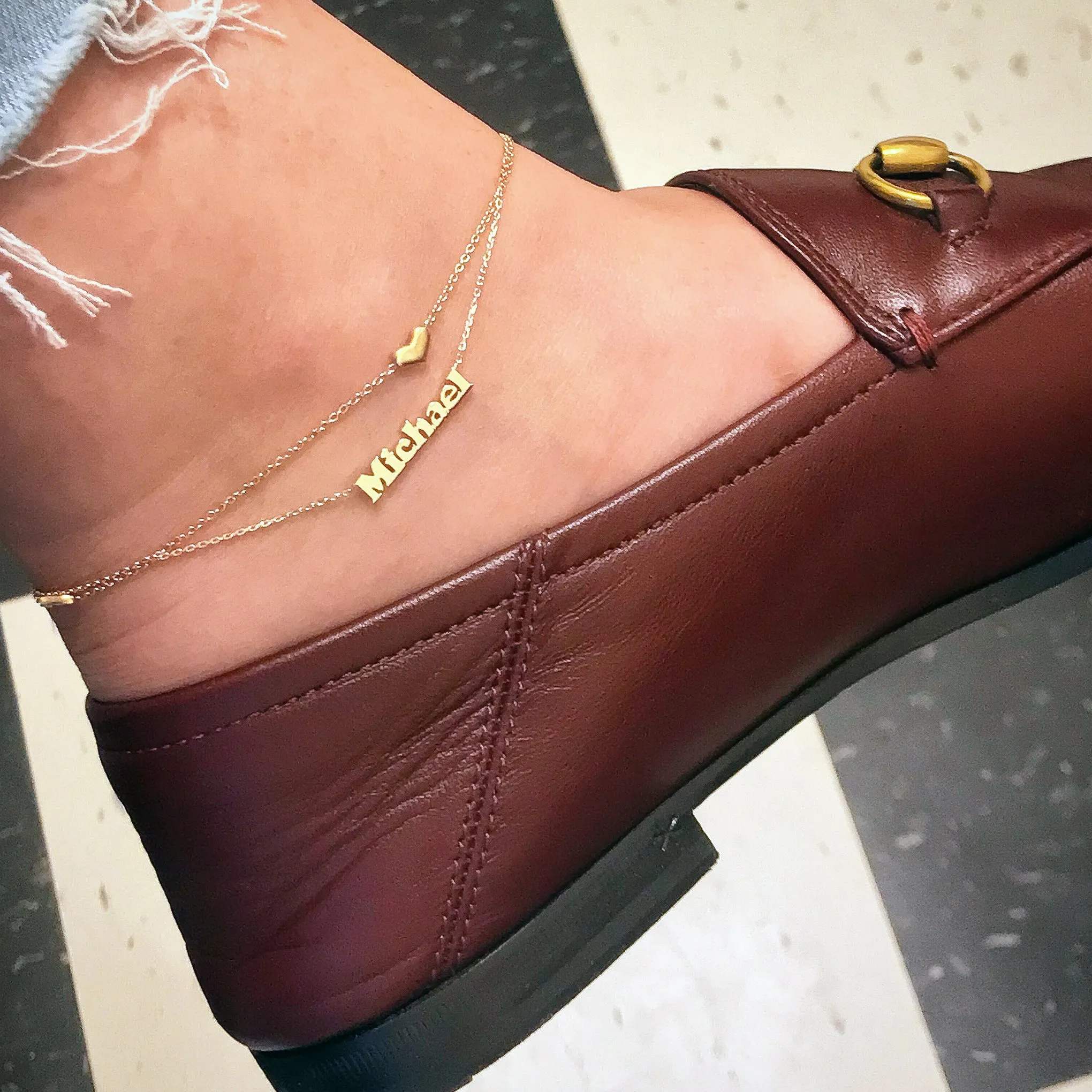14K Gold Nameplate Charm Ankle Bracelet (Anklet) ~ Block Font