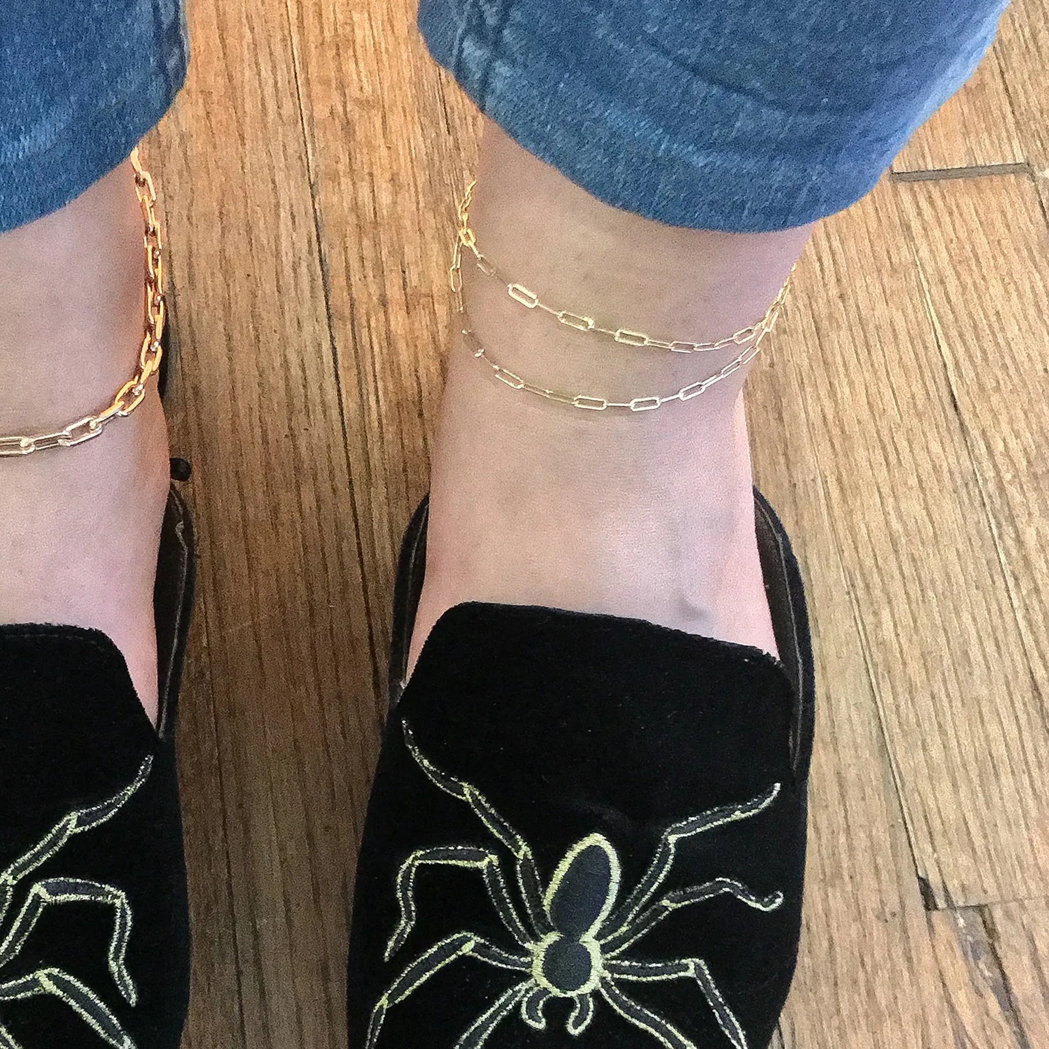 14K Gold Thin Elongated Oval Link Ankle Bracelet, Small Size Links