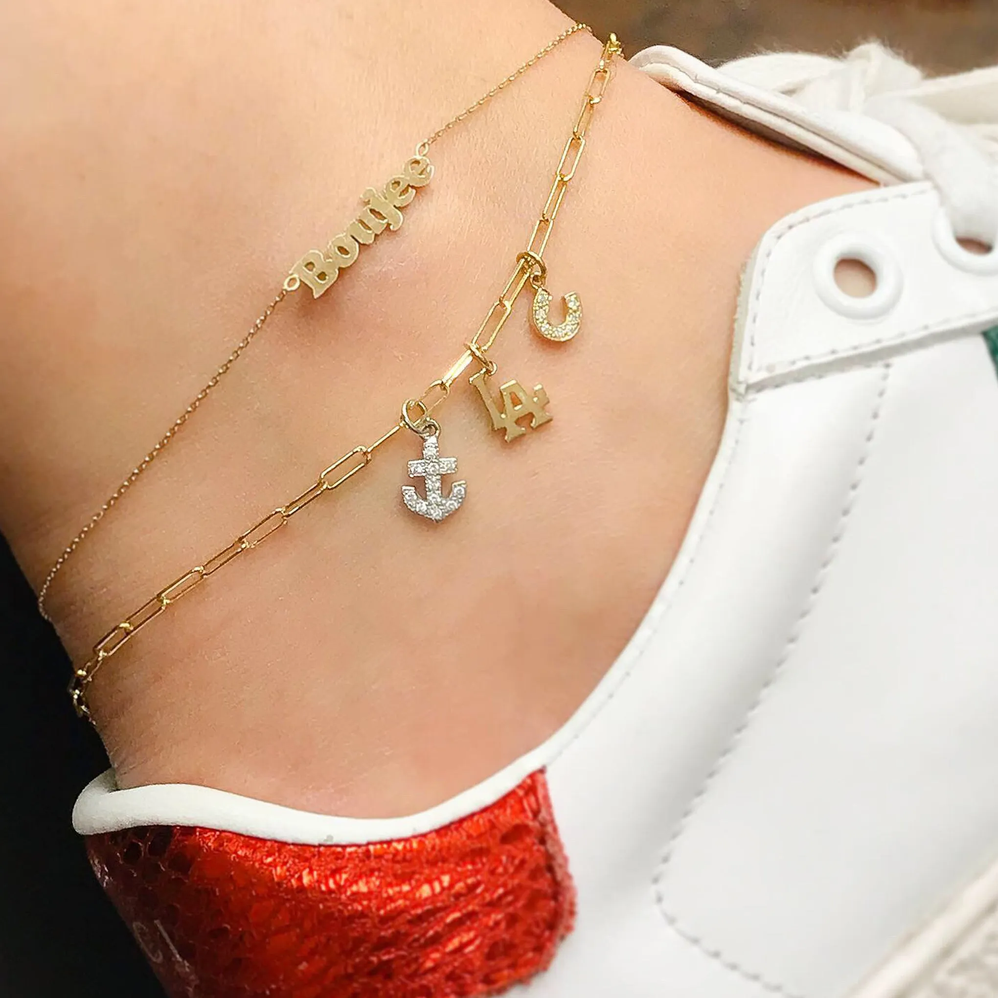 14K Gold Thin Elongated Oval Link Ankle Bracelet, Small Size Links