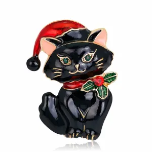 18K Gold-Plated & Cubic Zirconia Hatted Black Cat Brooch