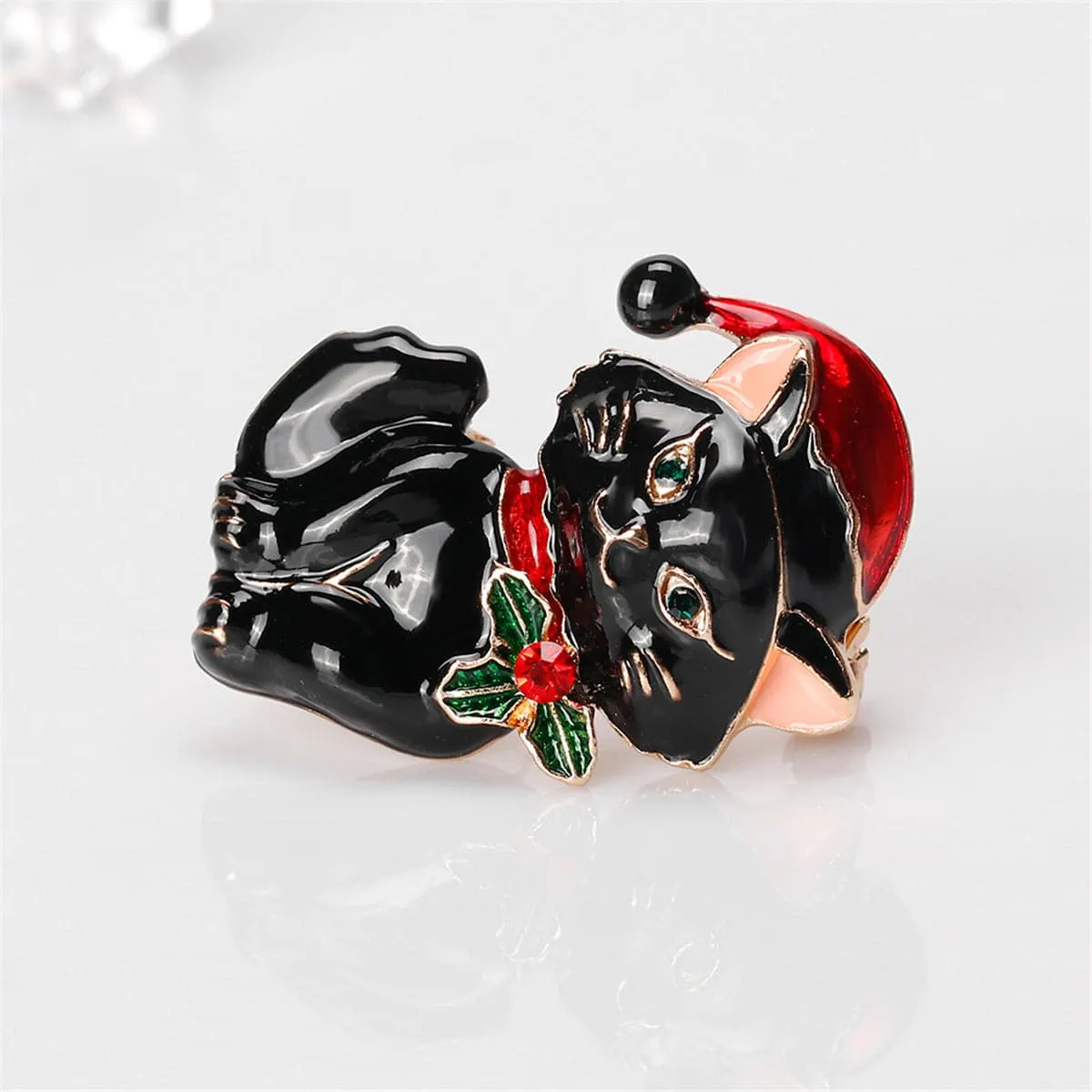 18K Gold-Plated & Cubic Zirconia Hatted Black Cat Brooch