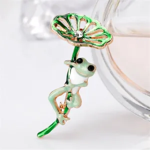18K Gold-Plated Frog & Lotus Leaf Brooch