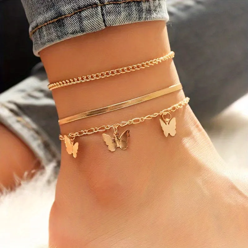 3pcs Butterfly Snake Chain Anklet Set