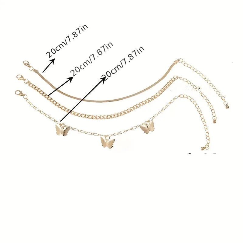 3pcs Butterfly Snake Chain Anklet Set