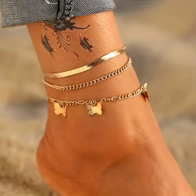 3pcs Butterfly Snake Chain Anklet Set