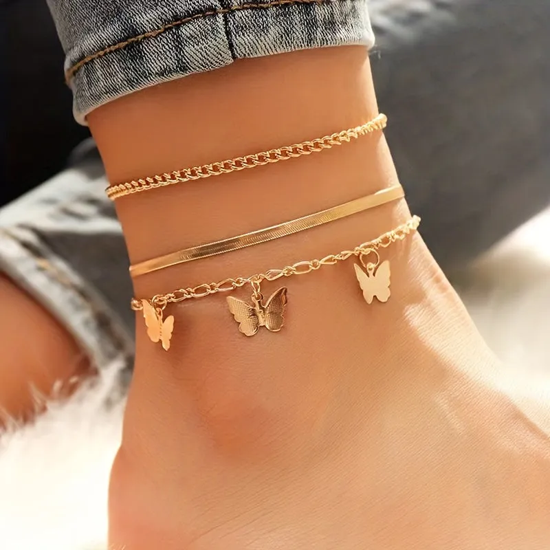 3pcs Butterfly Snake Chain Anklet Set