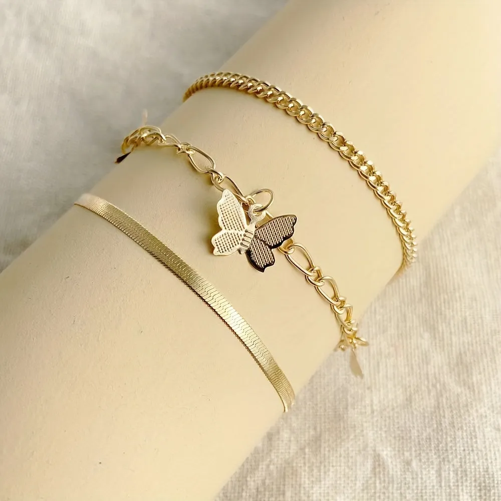 3pcs Butterfly Snake Chain Anklet Set