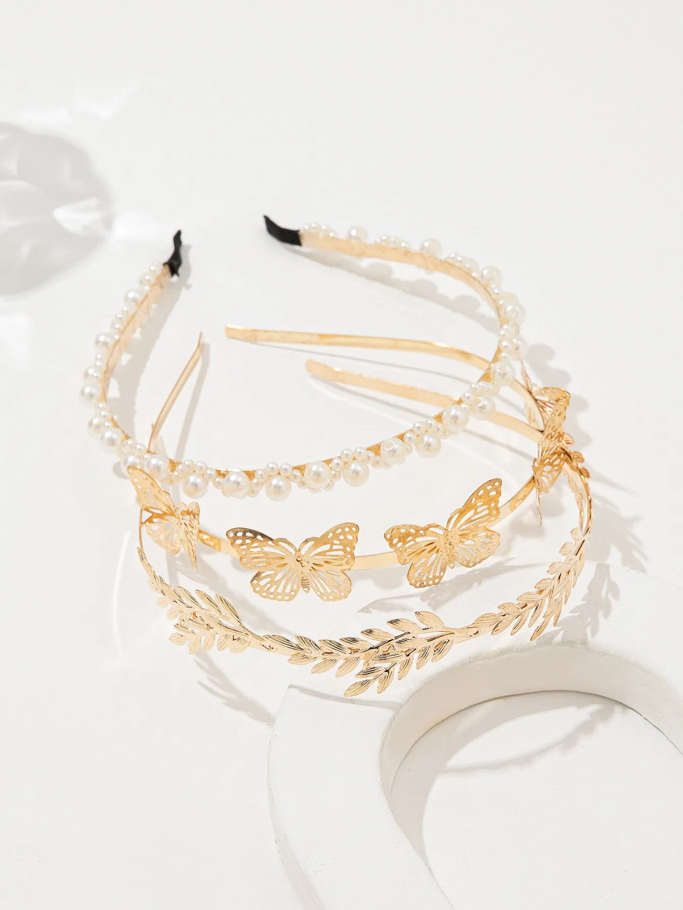 3pcs Leaf & Pearl & Butterfly Hairbands Set - Multicolor
