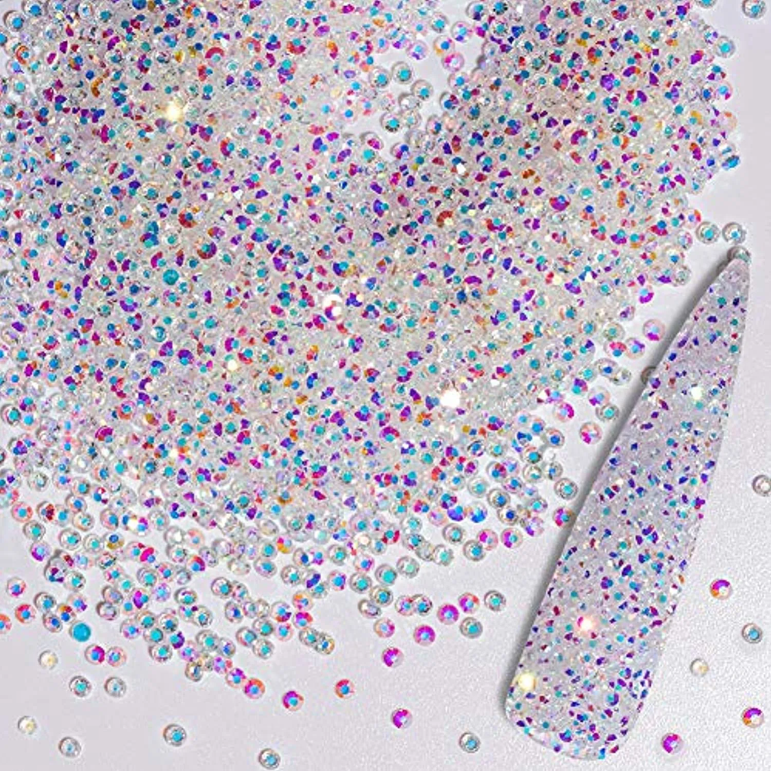 5000Pcs Ultra Mini 1.2mm Diamond DIY Glass Sand Rhinestones Beads Iridescent Crystals Long Lasting AB Shine Like Swarovski for Nail Art DIY Crafts& Nail Beauty Makeup (Gel Glue Not Included)