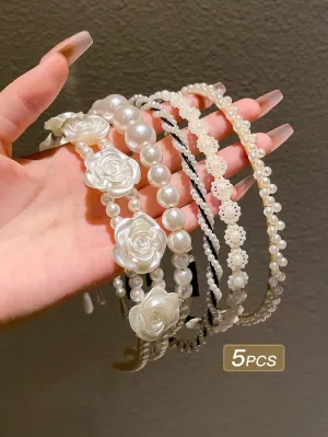 5pcs Faux Pearl Decor Hairbands