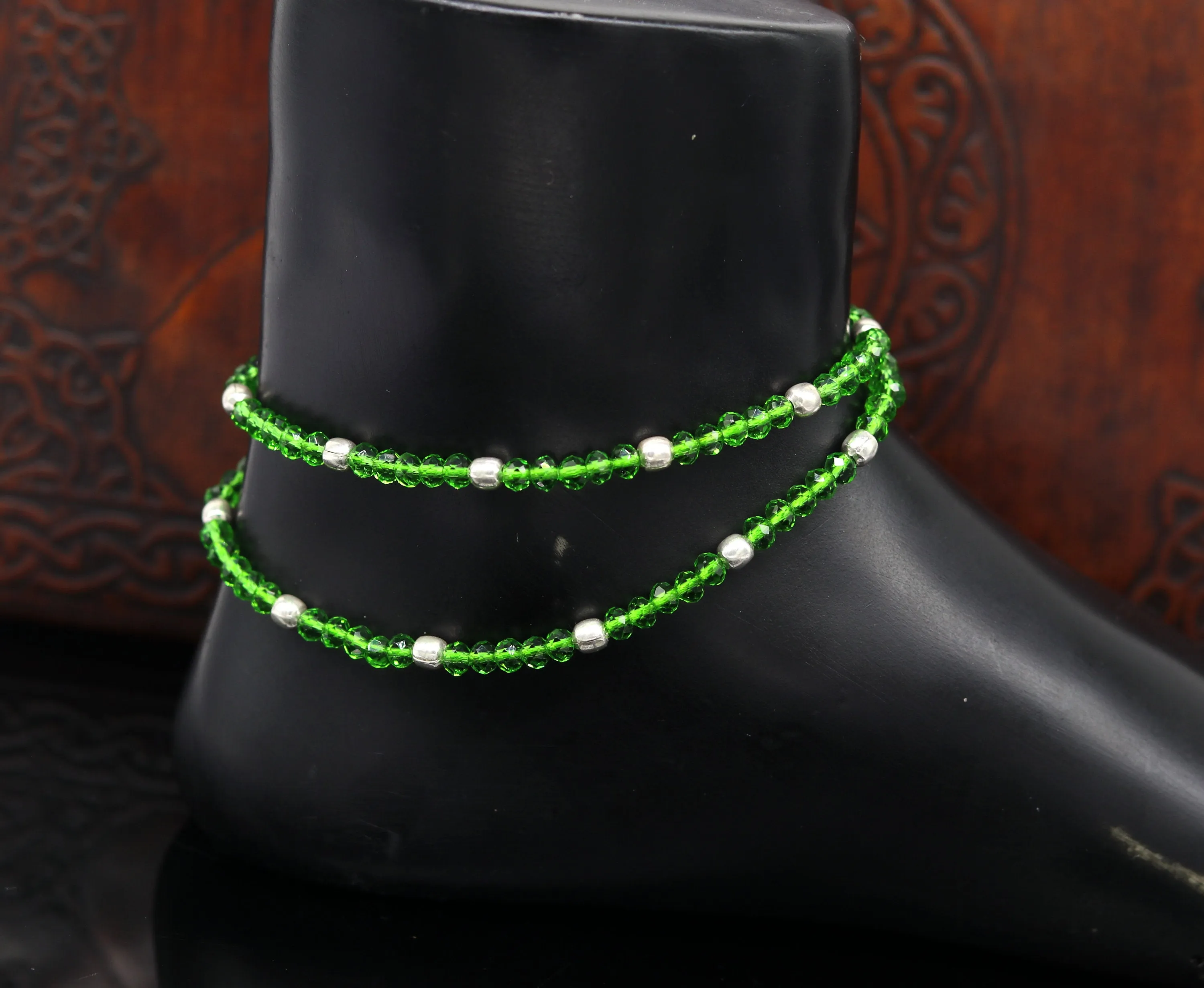 925 sterling silver beads and semi precious green stone thread anklets, custom made ankle bracelet, pretty gift modern beaded jewelry ank248