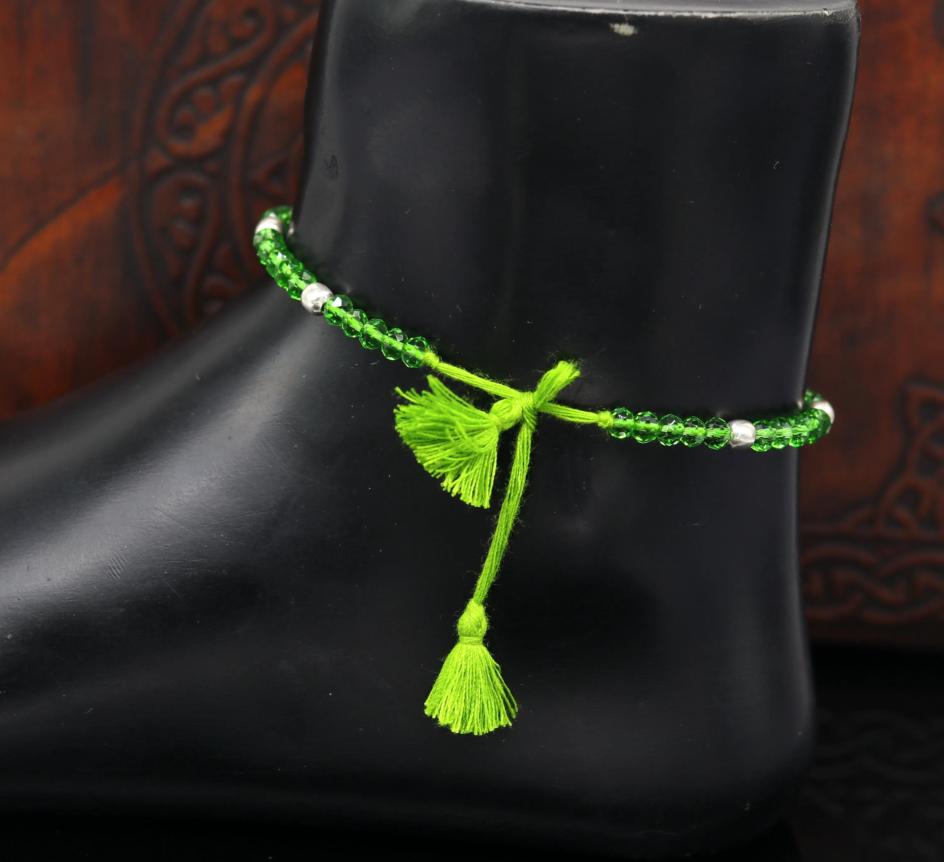 925 sterling silver beads and semi precious green stone thread anklets, custom made ankle bracelet, pretty gift modern beaded jewelry ank248