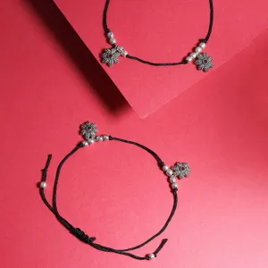 92.5 Sterling Silver Black thread flower Anklet