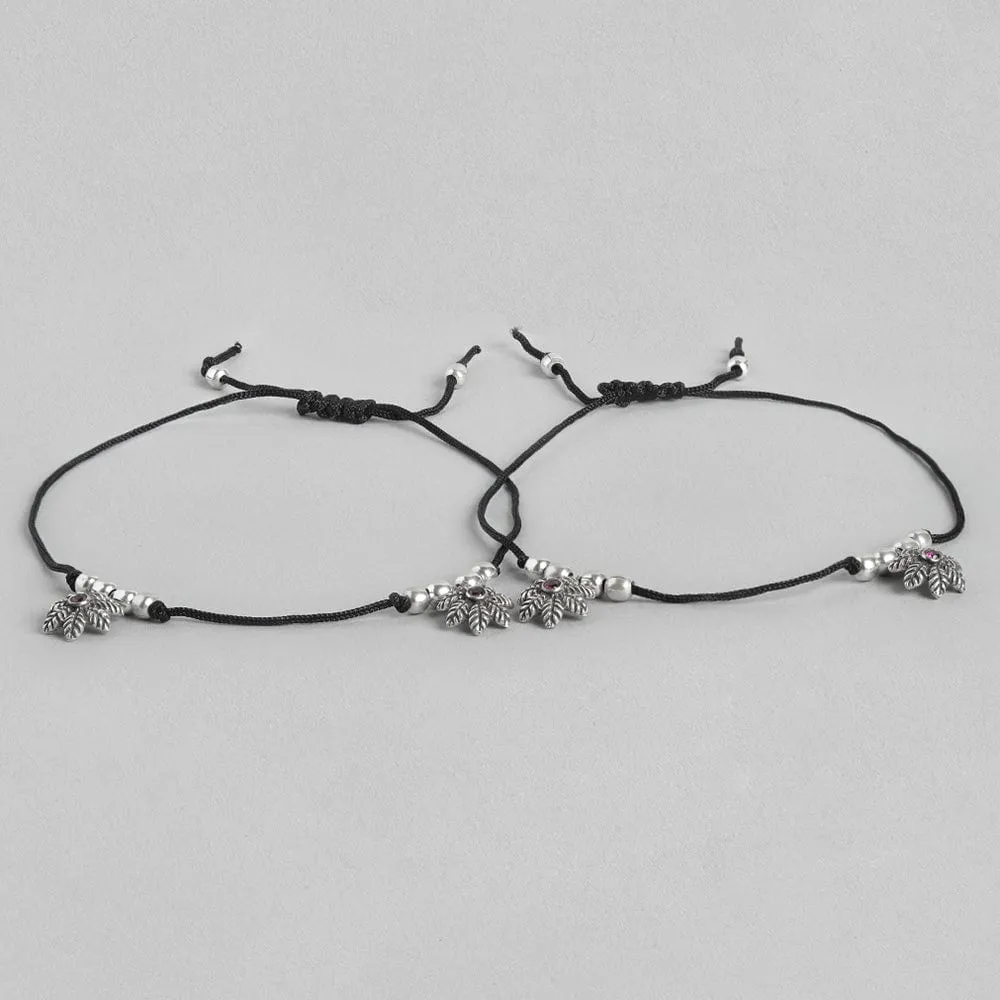 92.5 Sterling Silver Black thread flower Anklet