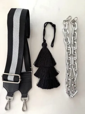 Accessory Bundle: Black Tassel   SILVER Chain   Black/Silver Stripe Strap