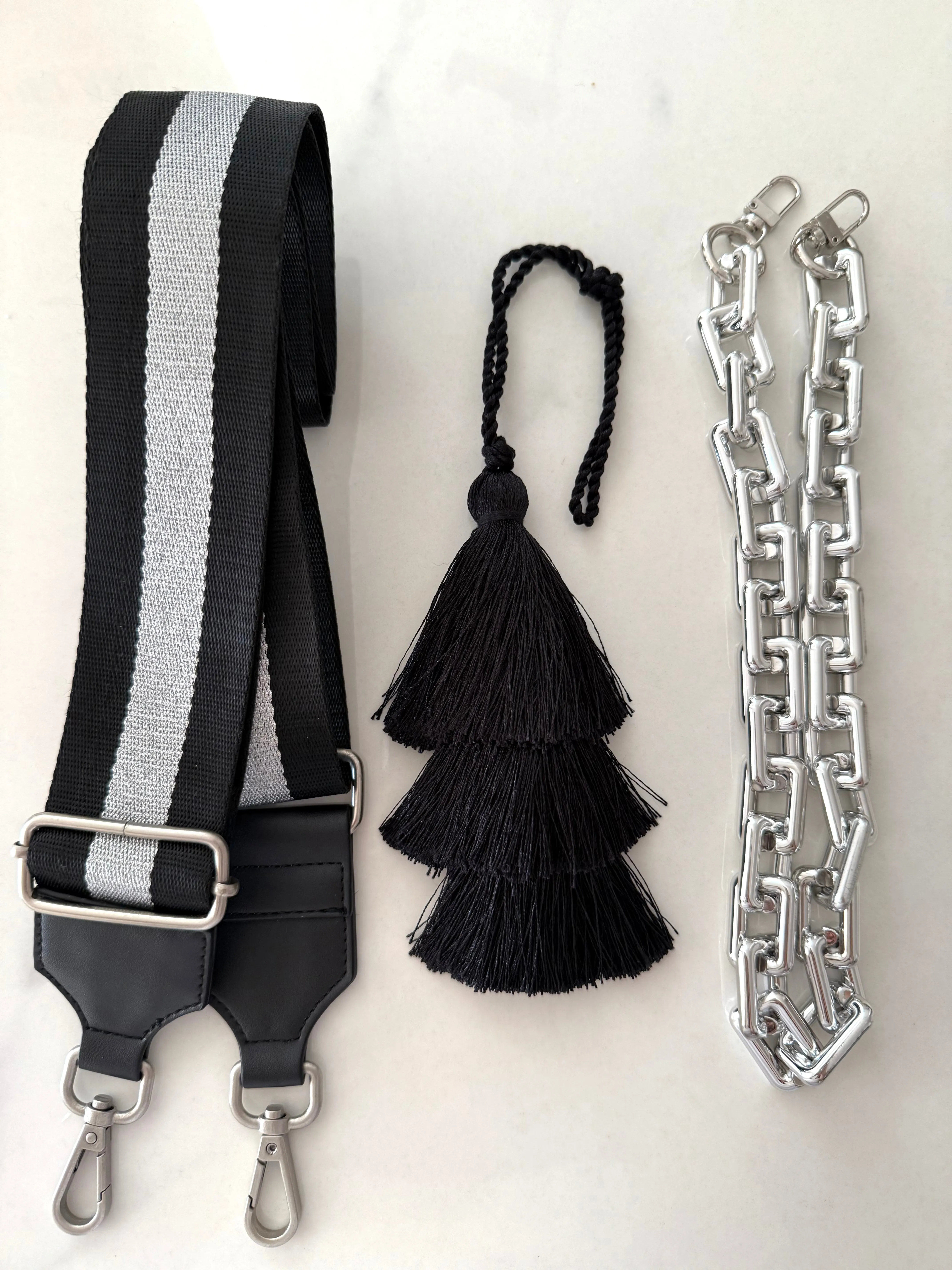 Accessory Bundle: Black Tassel   SILVER Chain   Black/Silver Stripe Strap