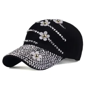 Adjustable Baseball Caps With Flowers and Rhinestone