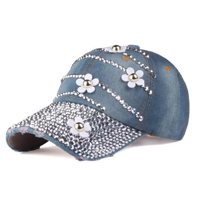 Adjustable Baseball Caps With Flowers and Rhinestone