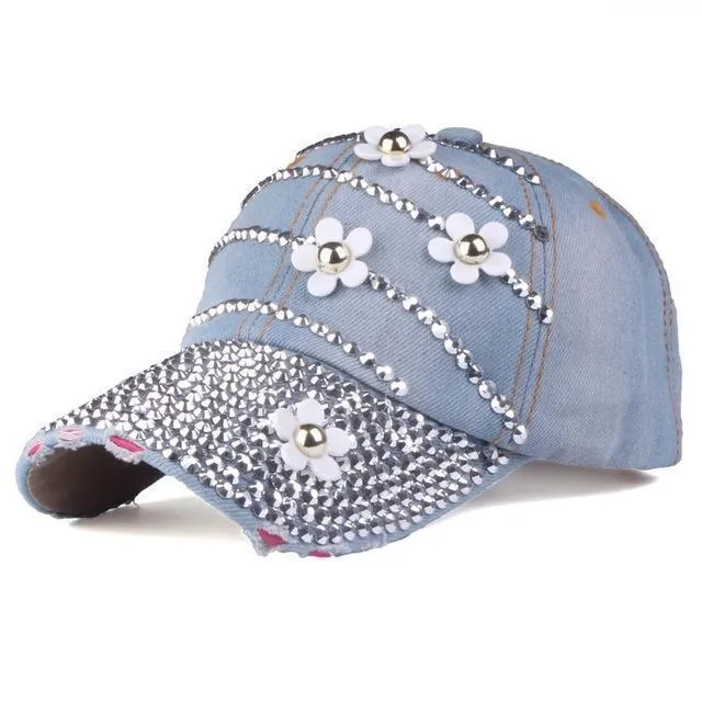 Adjustable Baseball Caps With Flowers and Rhinestone