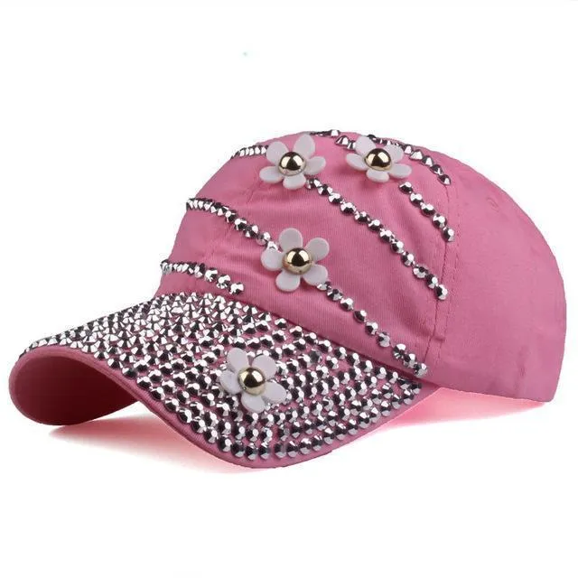 Adjustable Baseball Caps With Flowers and Rhinestone