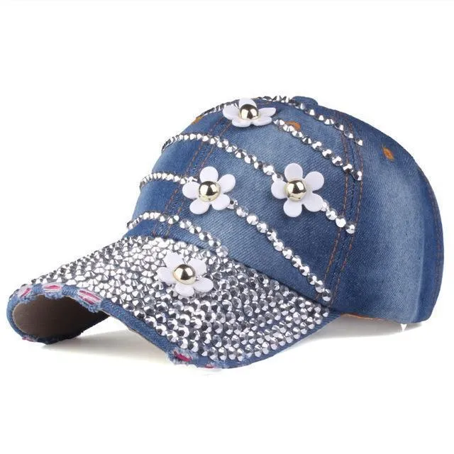Adjustable Baseball Caps With Flowers and Rhinestone