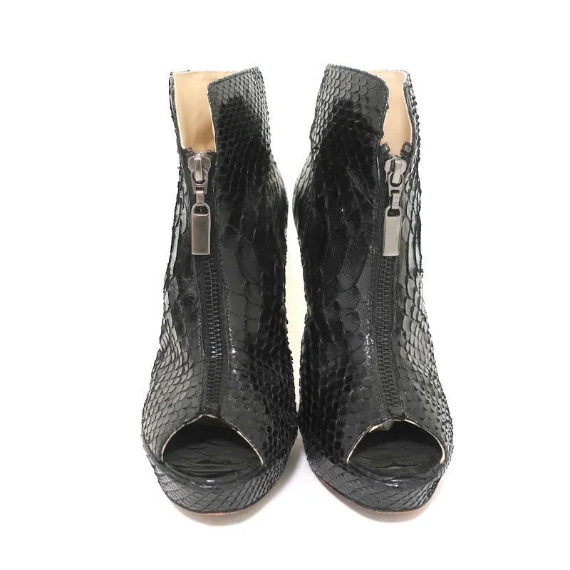 Alexandre Birman Zip-Front Booties Black Python Size 7 Peep Toe Ankle Boots