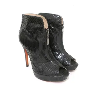 Alexandre Birman Zip-Front Booties Black Python Size 7 Peep Toe Ankle Boots