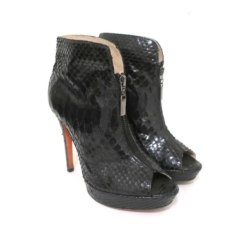 Alexandre Birman Zip-Front Booties Black Python Size 7 Peep Toe Ankle Boots