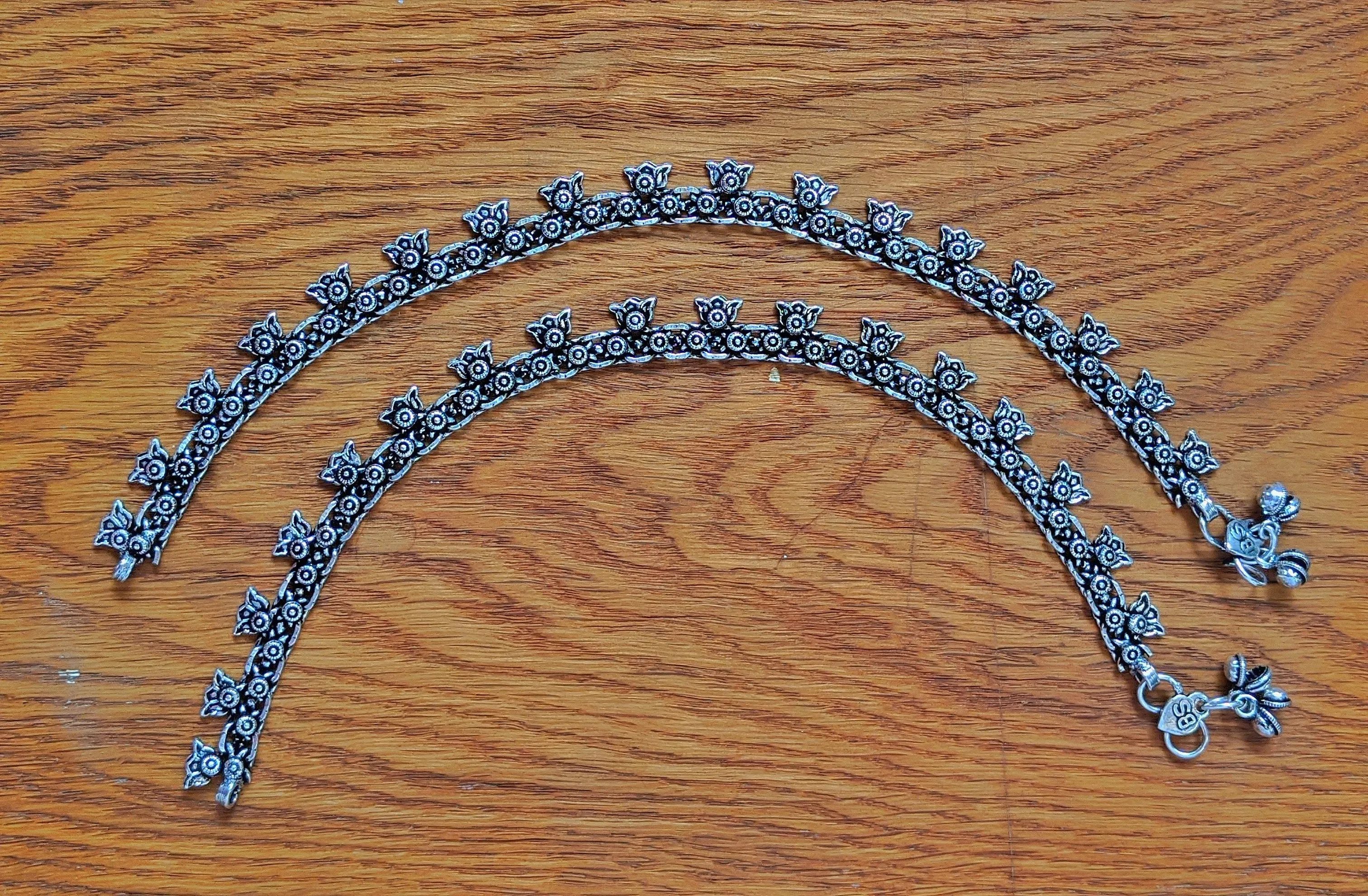 Anklets German Oxidised Silver Jewellery Payal Paijan Pazeb पैजण Silver Plating Antique Lotus Design Latest Style Ethnic Traditional Foot Jewellery for Women and Girls