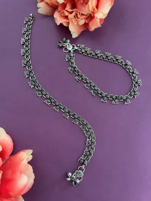 Anklets German Oxidised Silver Jewellery Payal Paijan Pazeb पैजण Silver Plating Antique Lotus Design Latest Style Ethnic Traditional Foot Jewellery for Women and Girls
