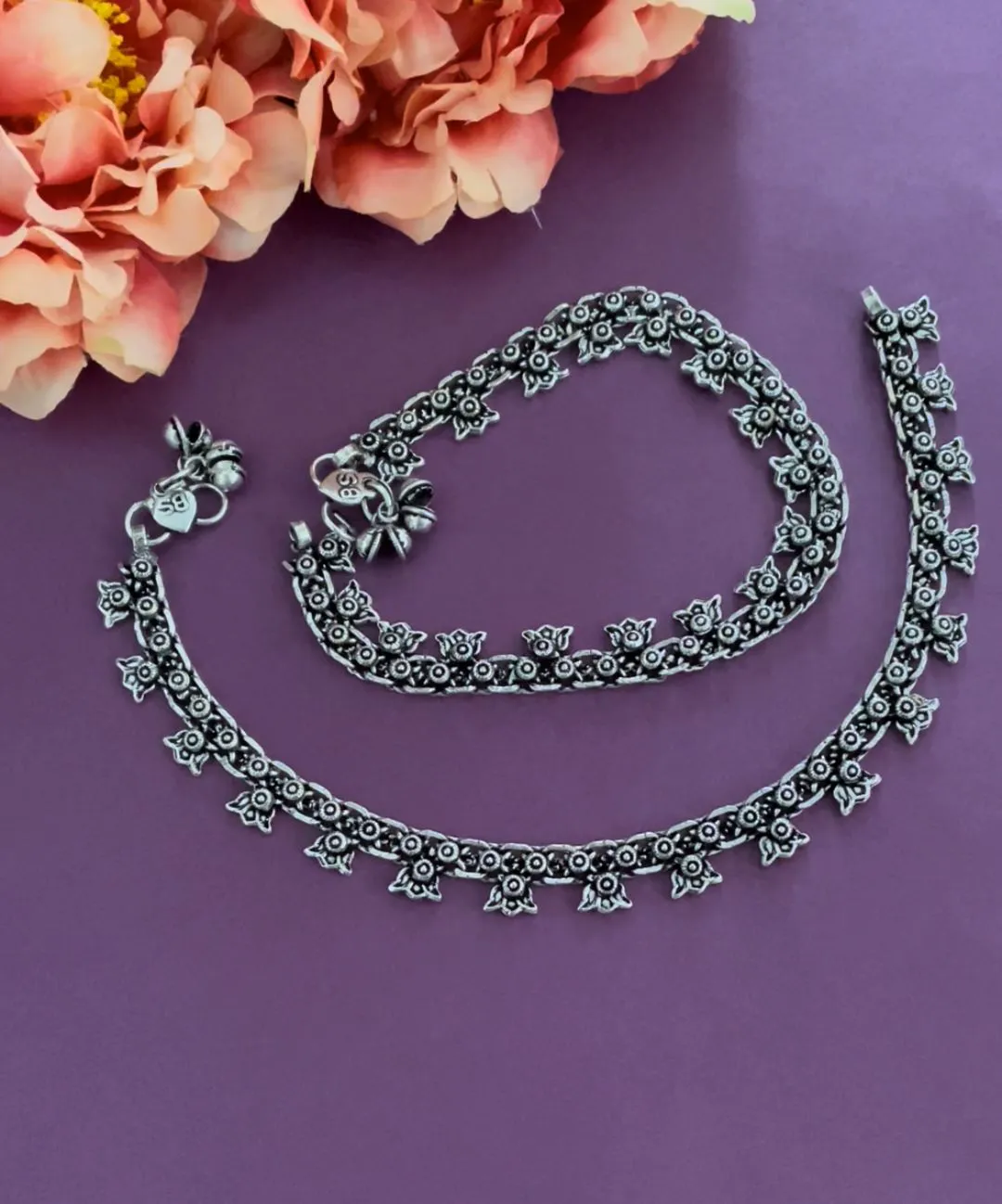 Anklets German Oxidised Silver Jewellery Payal Paijan Pazeb पैजण Silver Plating Antique Lotus Design Latest Style Ethnic Traditional Foot Jewellery for Women and Girls