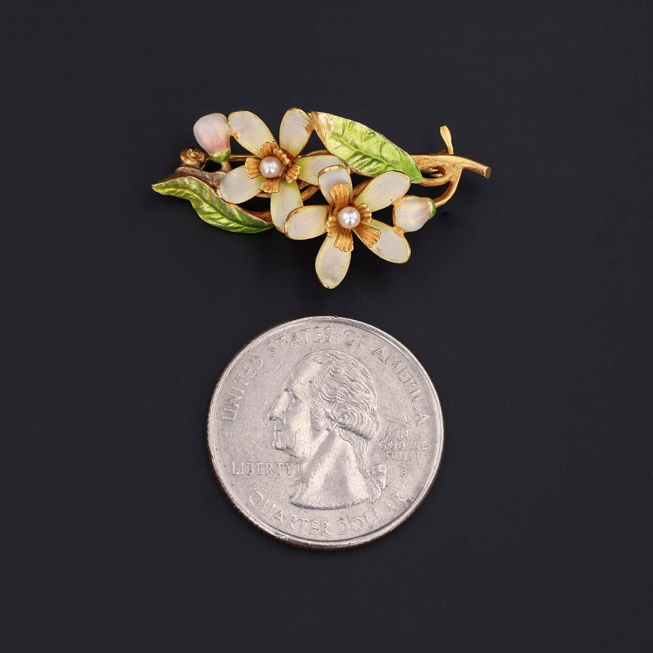Antique Enamel Flower Brooch of 14k Gold