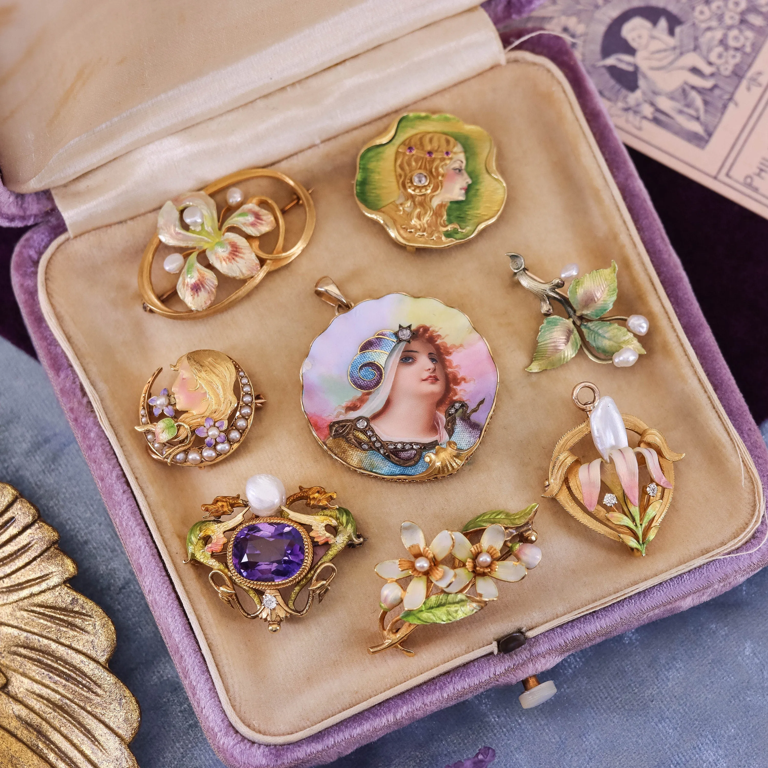 Antique Enamel Flower Brooch of 14k Gold
