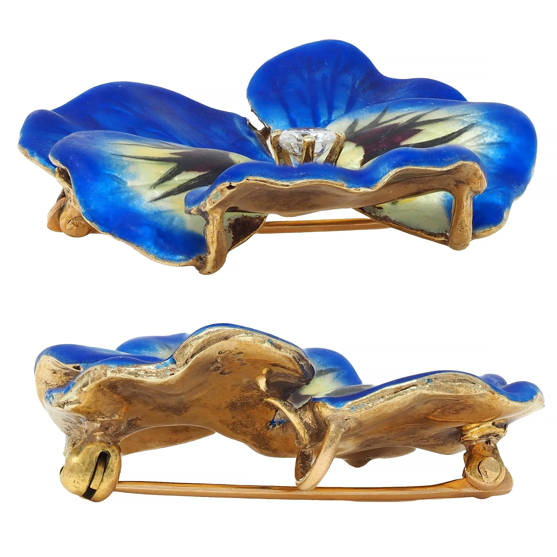 Art Nouveau Diamond Blue Enamel 14 Karat Yellow Gold Antique Pansy Pendant Brooch