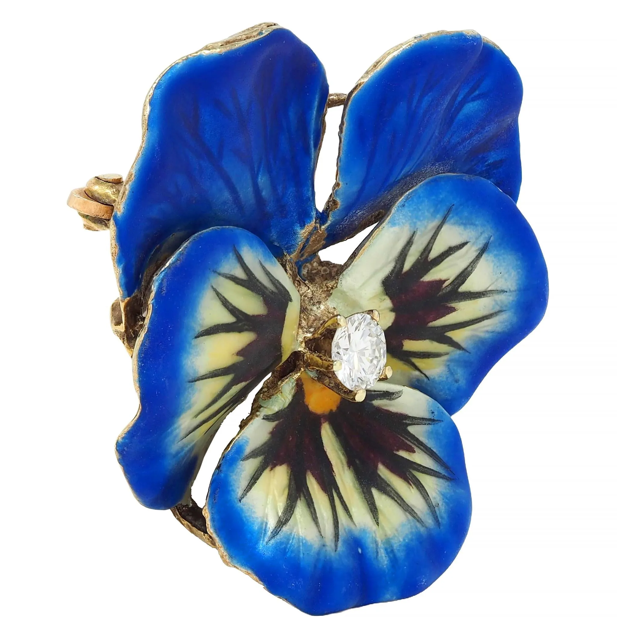 Art Nouveau Diamond Blue Enamel 14 Karat Yellow Gold Antique Pansy Pendant Brooch