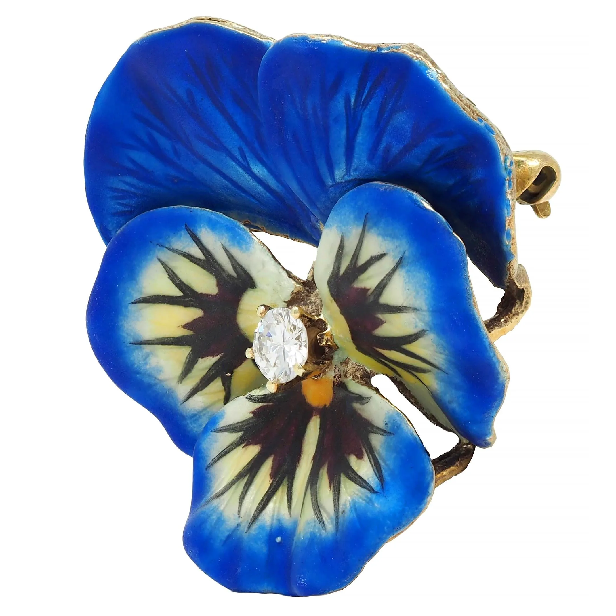 Art Nouveau Diamond Blue Enamel 14 Karat Yellow Gold Antique Pansy Pendant Brooch