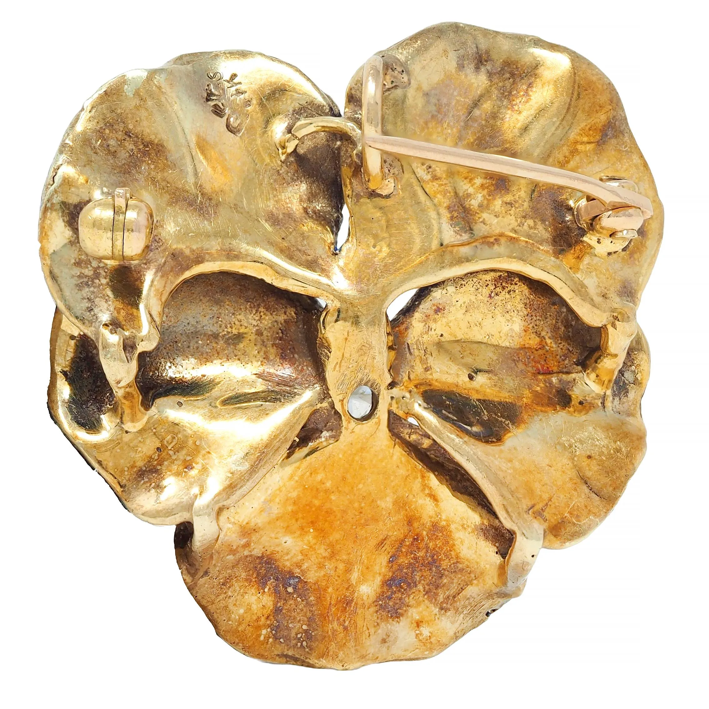 Art Nouveau Diamond Blue Enamel 14 Karat Yellow Gold Antique Pansy Pendant Brooch