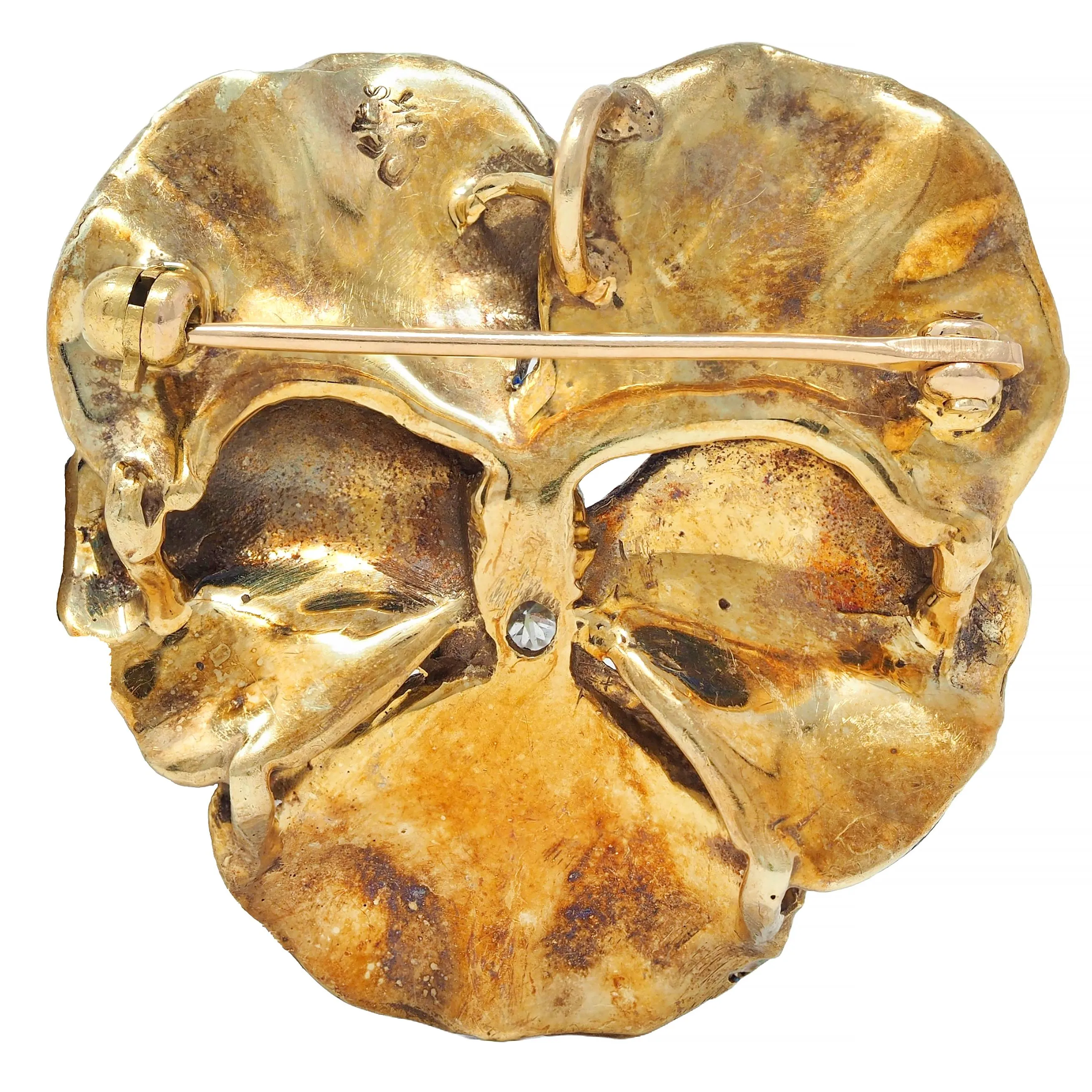 Art Nouveau Diamond Blue Enamel 14 Karat Yellow Gold Antique Pansy Pendant Brooch