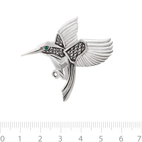 Art Nouveau Style Round Marcasite Hummingbird Brooch in 925 Sterling Silver