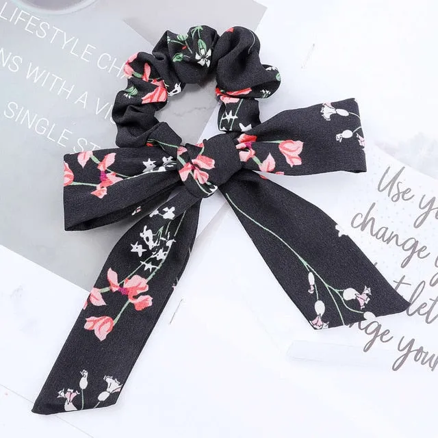 AWAYT Bow Streamers Hair Ring Fashion Ribbon Girl Hair Bands Scrunchies Horsetail Tie Solid Headwear Hair Accessories