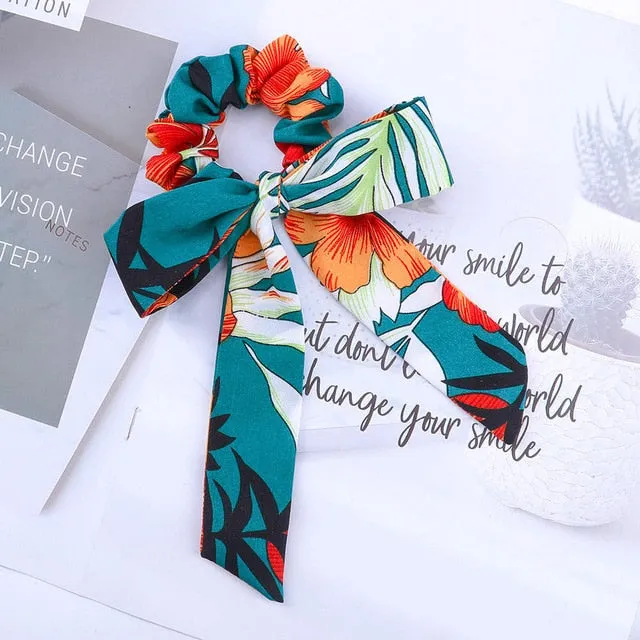 AWAYT Bow Streamers Hair Ring Fashion Ribbon Girl Hair Bands Scrunchies Horsetail Tie Solid Headwear Hair Accessories