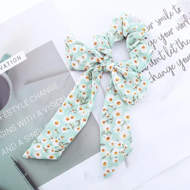 AWAYT Bow Streamers Hair Ring Fashion Ribbon Girl Hair Bands Scrunchies Horsetail Tie Solid Headwear Hair Accessories