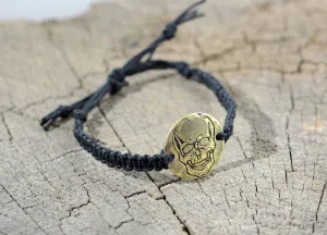 Bad Ass Skull Design on Brass Disc knotted in Black Hemp Bracelet or Anklet