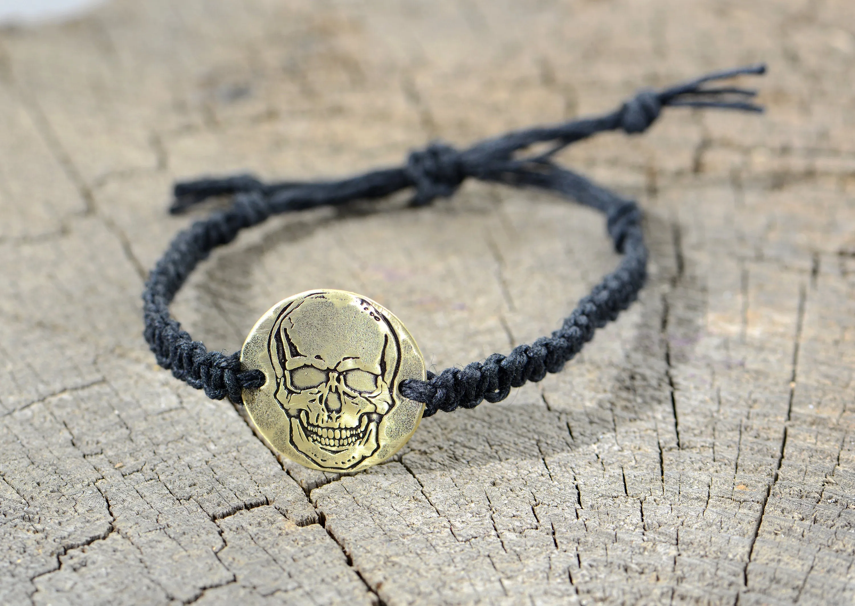 Bad Ass Skull Design on Brass Disc knotted in Black Hemp Bracelet or Anklet