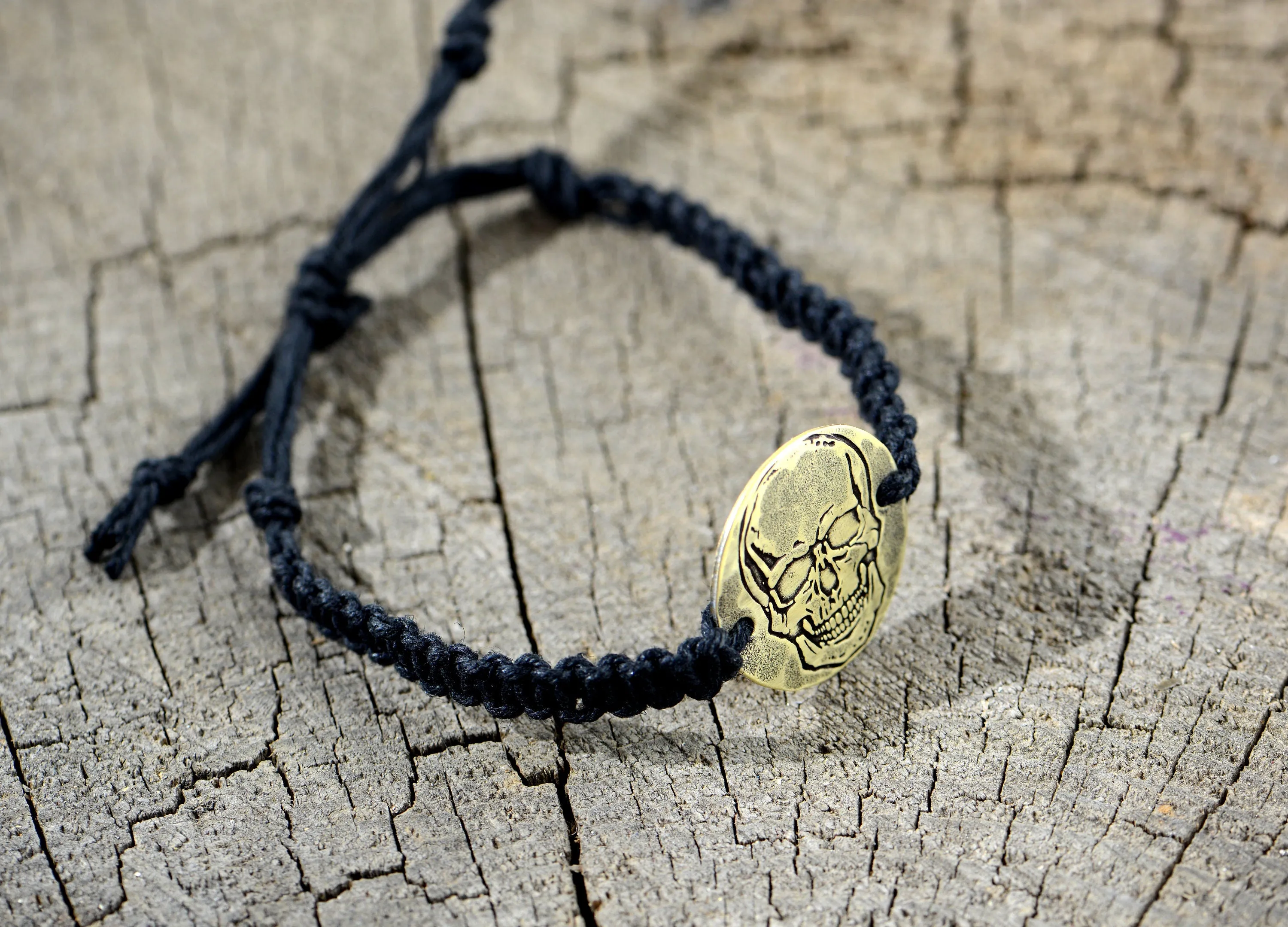Bad Ass Skull Design on Brass Disc knotted in Black Hemp Bracelet or Anklet