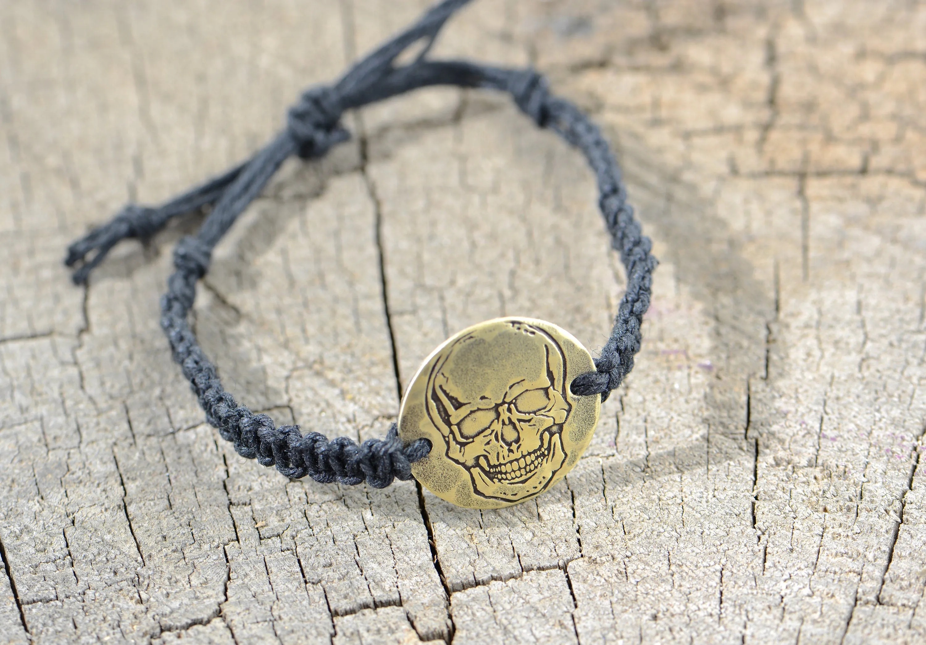 Bad Ass Skull Design on Brass Disc knotted in Black Hemp Bracelet or Anklet