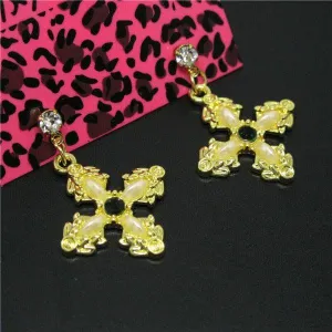 Betsey Johnson Enamel Cross Rhinestone Earrings